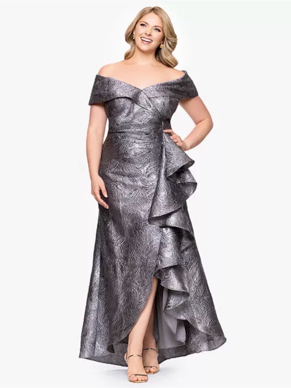 Off-Shoulder Silver Evening Gown with Ruffle Cascade